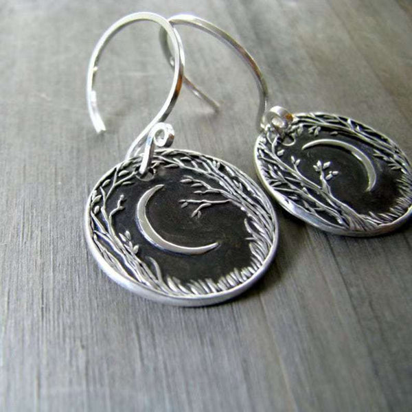 Handmade Vintage Bohemian Silver Earrings - Crescent Moon & Tree Design