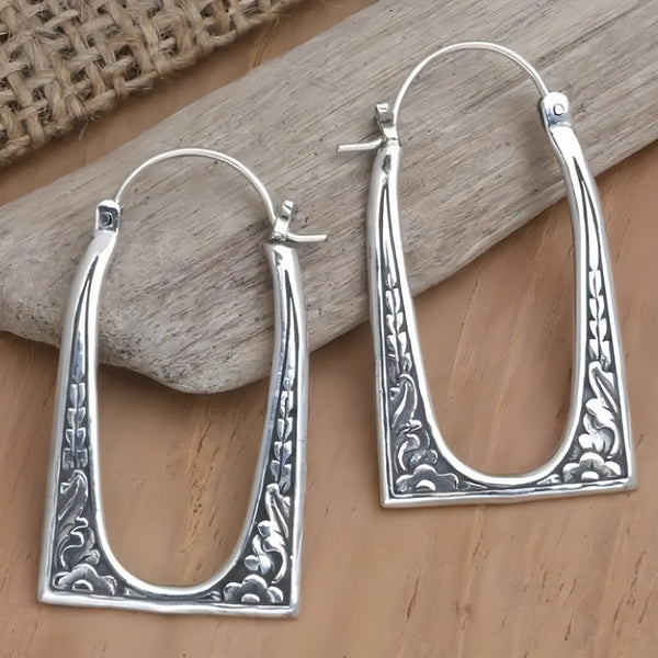 Handmade Vintage Bohemian Silver  Earrings - U - Shaped Floral Design