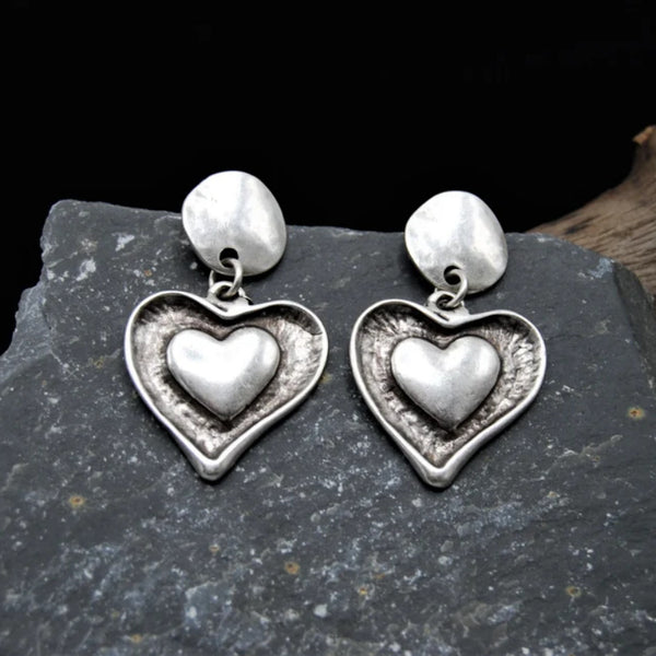 Handmade Bohemian Silver Heart Earrings for Women