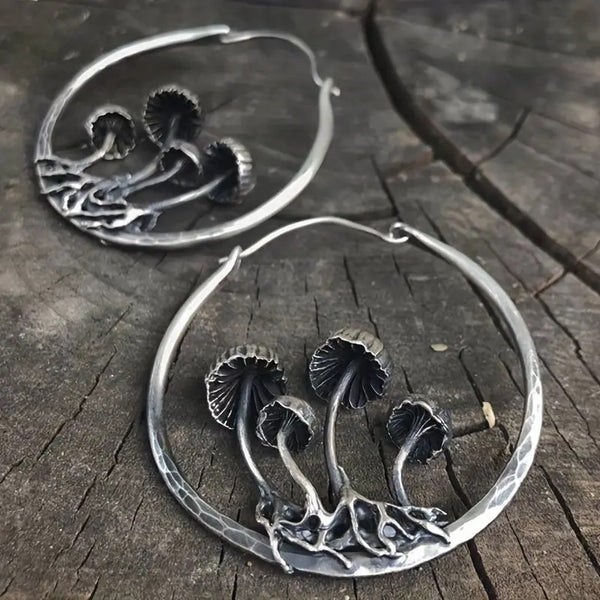 Handmade Bohemian Silver Hoop Earrings with Mushroom Design