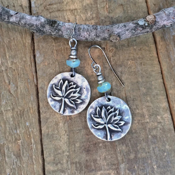 Handmade Bohemian Silver Earrings with Turquoise Beads and Lotus Design