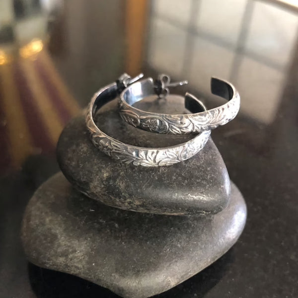 Handmade Bohemian Silver Hoop Earrings with Floral Engraving