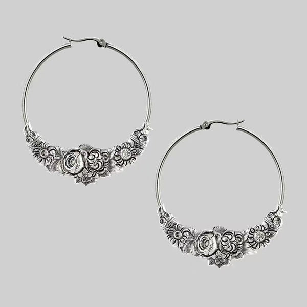 Handmade Bohemian Silver Hoop Earrings with Floral Design