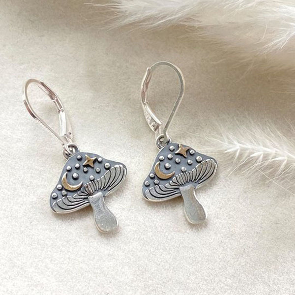 Handmade Silver Mushroom Earrings with Celestial Accents for Women