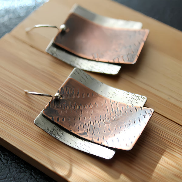 Handmade Bohemian Silver and Copper Layered Rectangle Earrings for Women