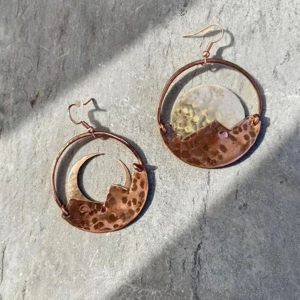 Handmade Vintage Bohemian Earrings for Women - Copper & Silver Moon and Mountain Design
