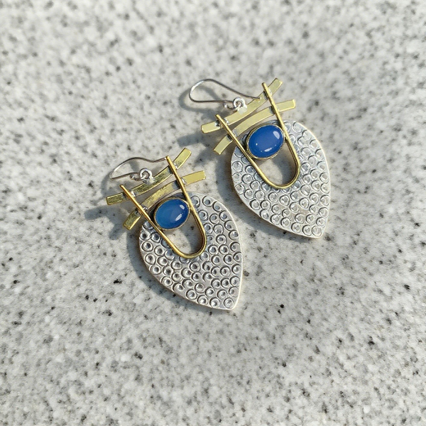 Handmade Bohemian Silver & Copper Earrings Inlaid with Sapphires for Women