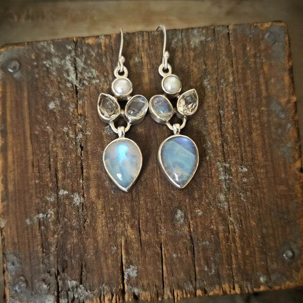 Handmade Bohemian Silver Earrings Inlaid with Moonstone, Crystal and Pearl