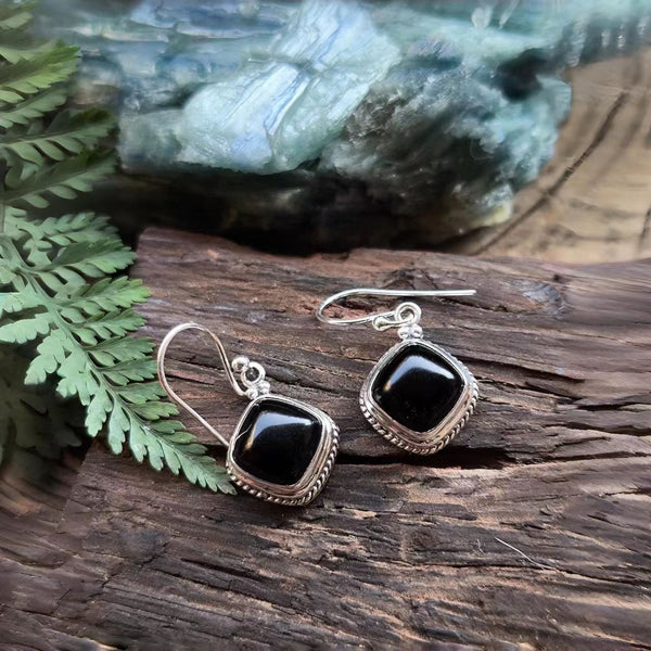 Handmade Bohemian Silver Earrings Inlaid with Black Agate