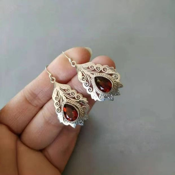 Handmade Silver Earrings with Garnet Inlay - Bohemian Filigree Design