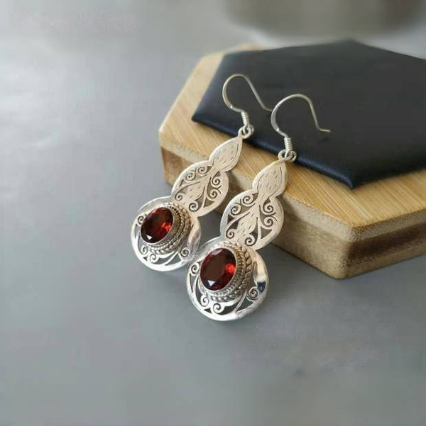 Handmade Silver Earrings with Garnet Inlay for Women - Bohemian Floral Design
