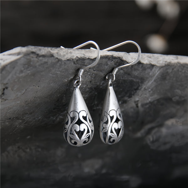 Handmade 925 Sterling Silver Vintage Teardrop Filigree Earrings for Women
