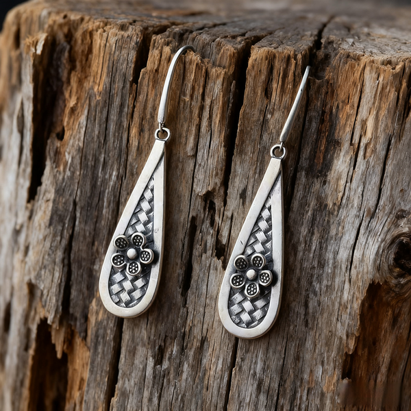 Handmade 925 Sterling Silver Vintage Floral Teardrop Earrings for Women