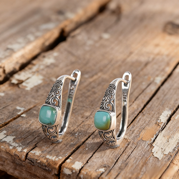Handmade 925 Sterling Silver Hoop Earrings with Turquoise Inlay