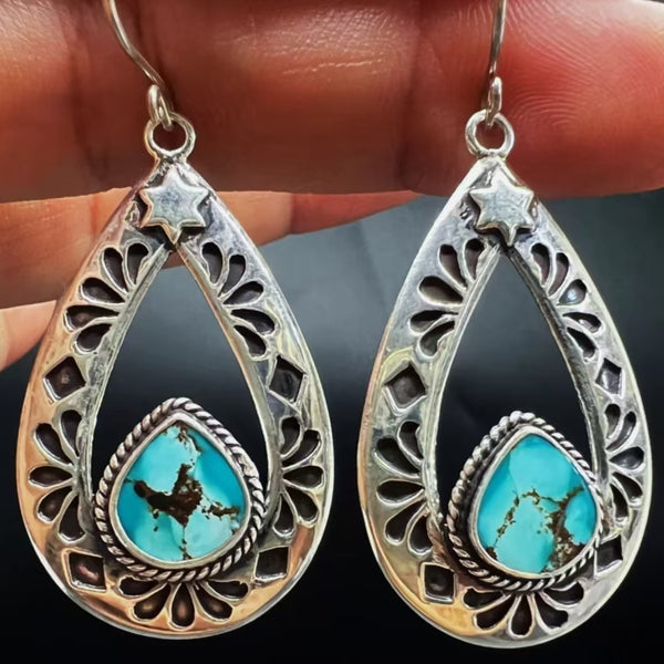 Handmade 925 Sterling Silver Bohemian Turquoise Teardrop Earrings