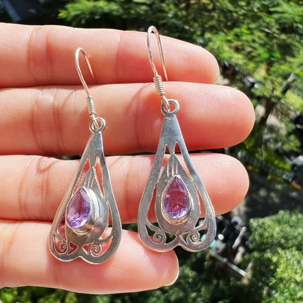 Handmade 925 Sterling Silver Bohemian Amethyst Drop Earrings