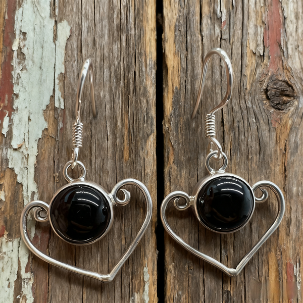Handmade 925 Sterling Silver Heart - Shaped Earrings with Black Onyx
