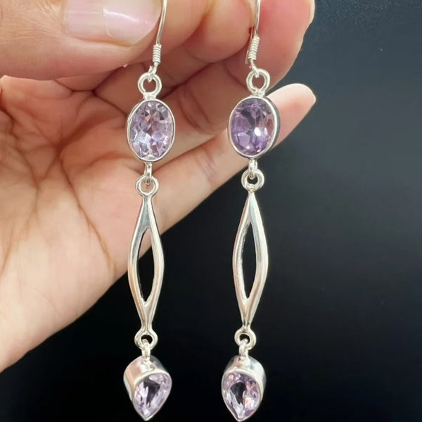 Handmade 925 Sterling Silver Dangle Earrings with Amethyst Gemstones
