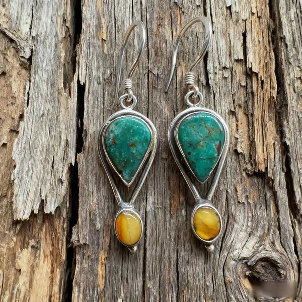 Handmade 925 Sterling Silver Turquoise and Amber Drop Earrings