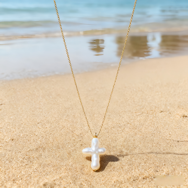 Women's Handmade Pearl Cross Pendant Necklace