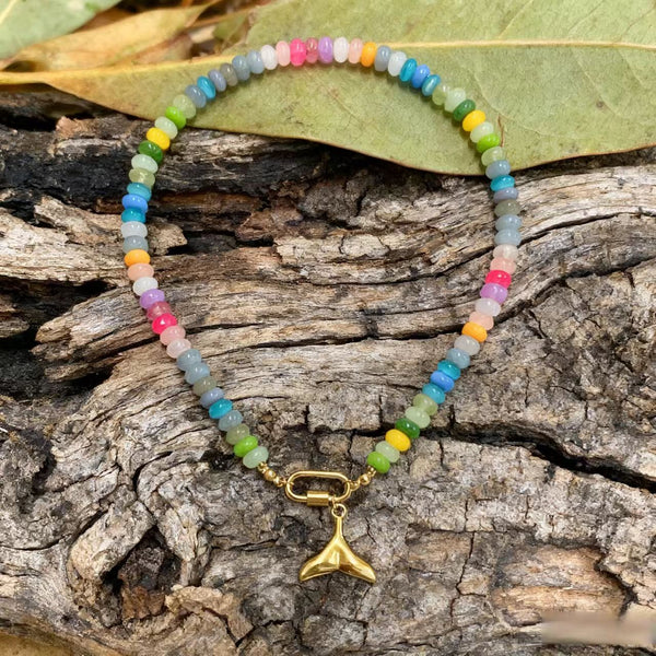 Handmade Rainbow Natural Stone Bracelet with Titanium Steel Clasp and Mermaid Tail Charm