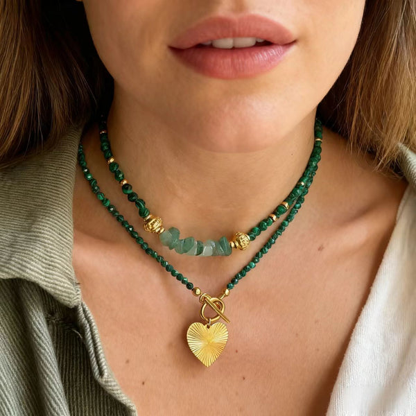 Handmade Layered Necklace Set with Malachite Beads, Jade and Titanium Steel for Women