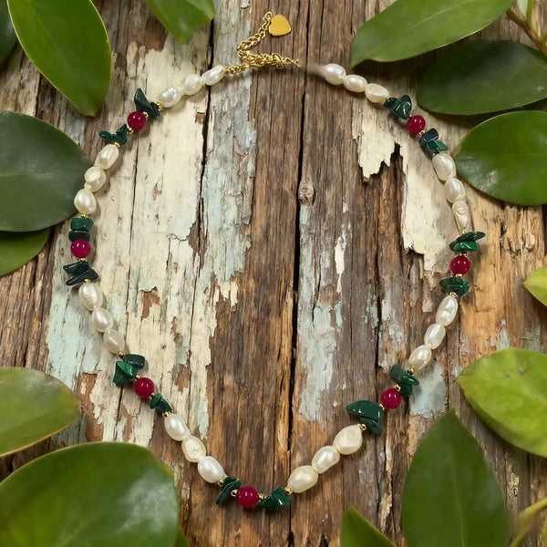 Handmade Pearl, Jade and Ruby Titanium Steel Necklace for Women