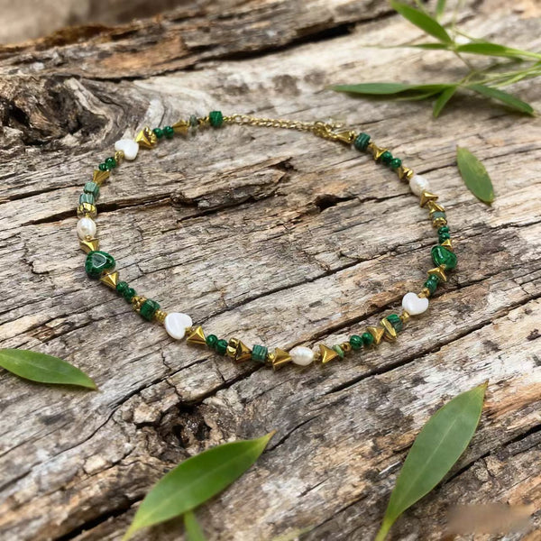 Handmade Pearl and Malachite Titanium Steel Necklace for Women