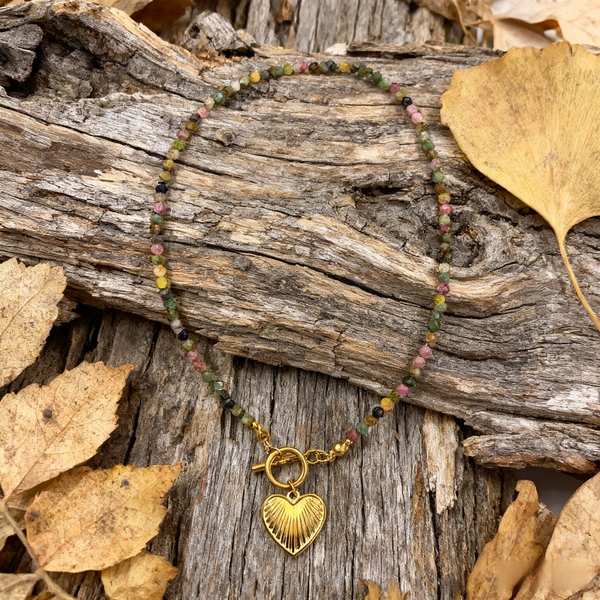 Handmade 6MM Natural Stone Bead Titanium Steel Necklace with Heart Charm