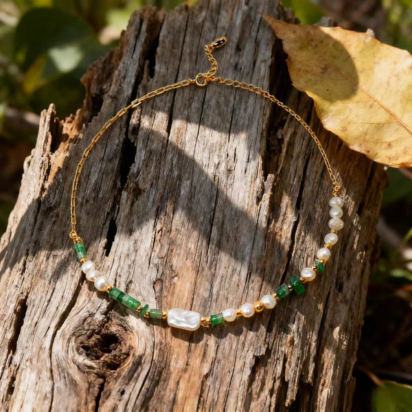 Handmade Baroque Pearl and Natural Stone Titanium Steel Necklace for Women