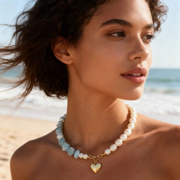 Handmade Bohemian - Style Titanium Steel Necklace with Baroque Pearls and Irregular Aquamarine