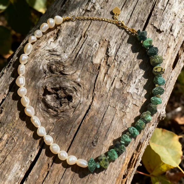 Handmade Bohemian - Style Titanium Steel Necklace with Baroque Pearls and Irregular Amazonite