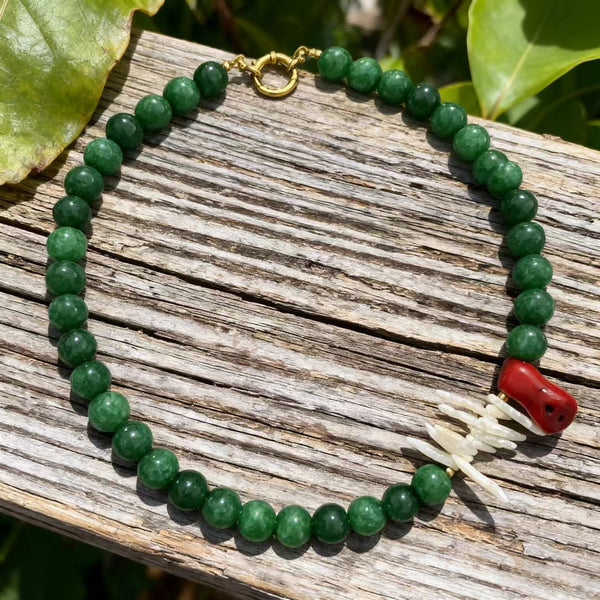 Handmade Bohemian Titanium Steel Necklace with Jade, Ruby and Shell Accents