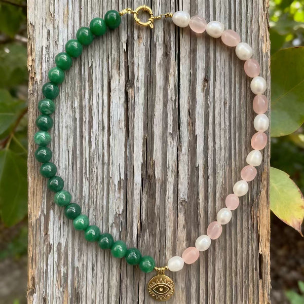 Handmade Bohemian Titanium Steel Necklace with Jade, Pearl and Rose Quartz