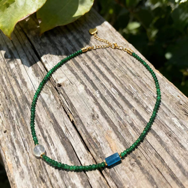 Handmade Bohemian Titanium Steel Necklace with Natural Stones, Crystal and Jade