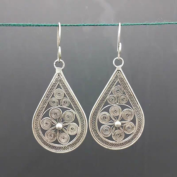 Handmade Bohemian Silver Teardrop Earrings with Intricate Scrollwork
