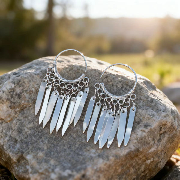 Handmade Bohemian Silver Fringe Hoop Earrings