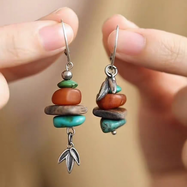 Handmade Bohemian Silver Earrings with Natural Stone Stack and Leaf Charm