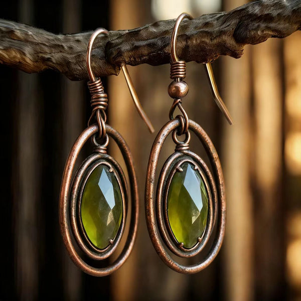 Handmade Bohemian Copper Earrings Inlaid with Emerald - like Gemstones