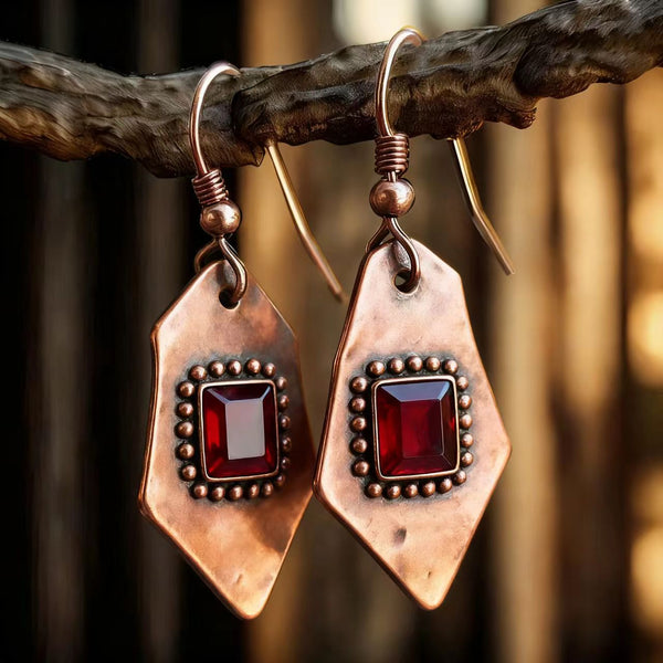 Handmade Bohemian Copper Earrings Inlaid with Garnet
