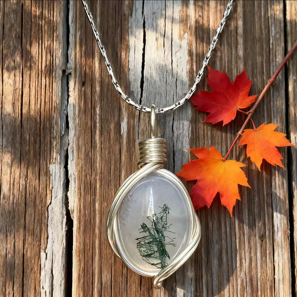 Handmade Silver Necklace with Natural Moss Agate Pendant