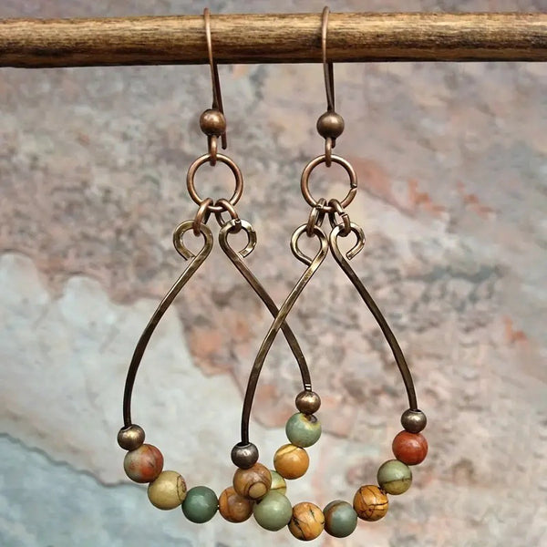 Handmade Bohemian Copper Earrings with Natural Stone Beads