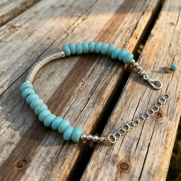 Handmade Bohemian Adjustable Silver Bracelet with Turquoise Beads