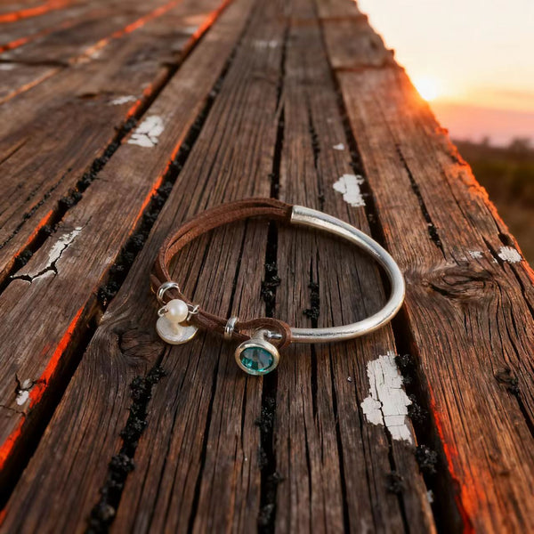 Handmade Bohemian Adjustable Silver Bracelet with Leather Cord, Zircon and Pearl Charm