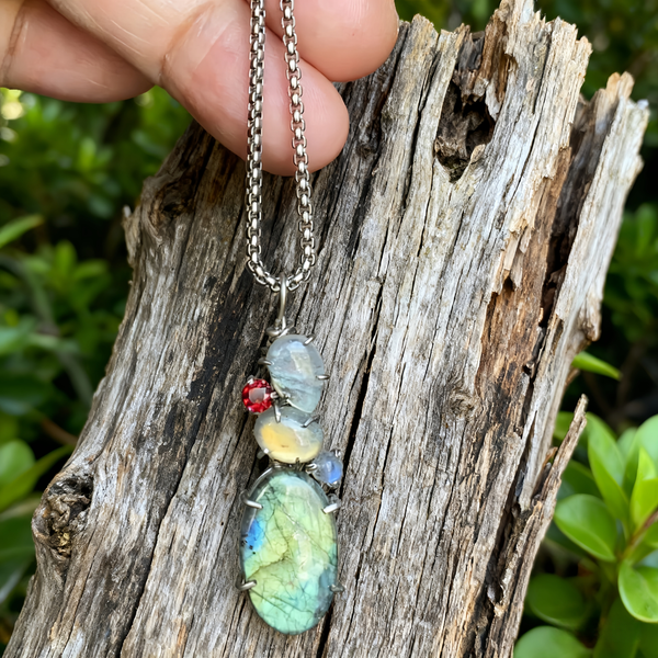 Handmade Bohemian Silver Necklace with Labradorite and Gemstone Pendant