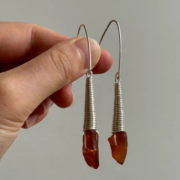 Handmade Vintage - Style Silver Earrings with Amber Accents