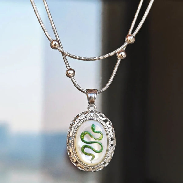 Handmade Snake - Patterned Titanium Steel Necklace with Mother - of - Pearl Pendant