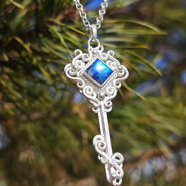 Handmade 925 Silver Key - shaped Pendant Necklace with Moonstone Inlay on Titanium Steel Chain