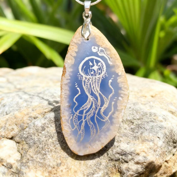 Handmade Titanium Steel Necklace with Hand - painted Jellyfish on Agate Pendant