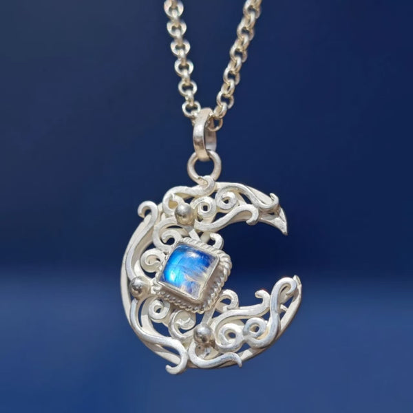 Handmade Titanium Steel Necklace with 925 Silver Moonstone Crescent Pendant
